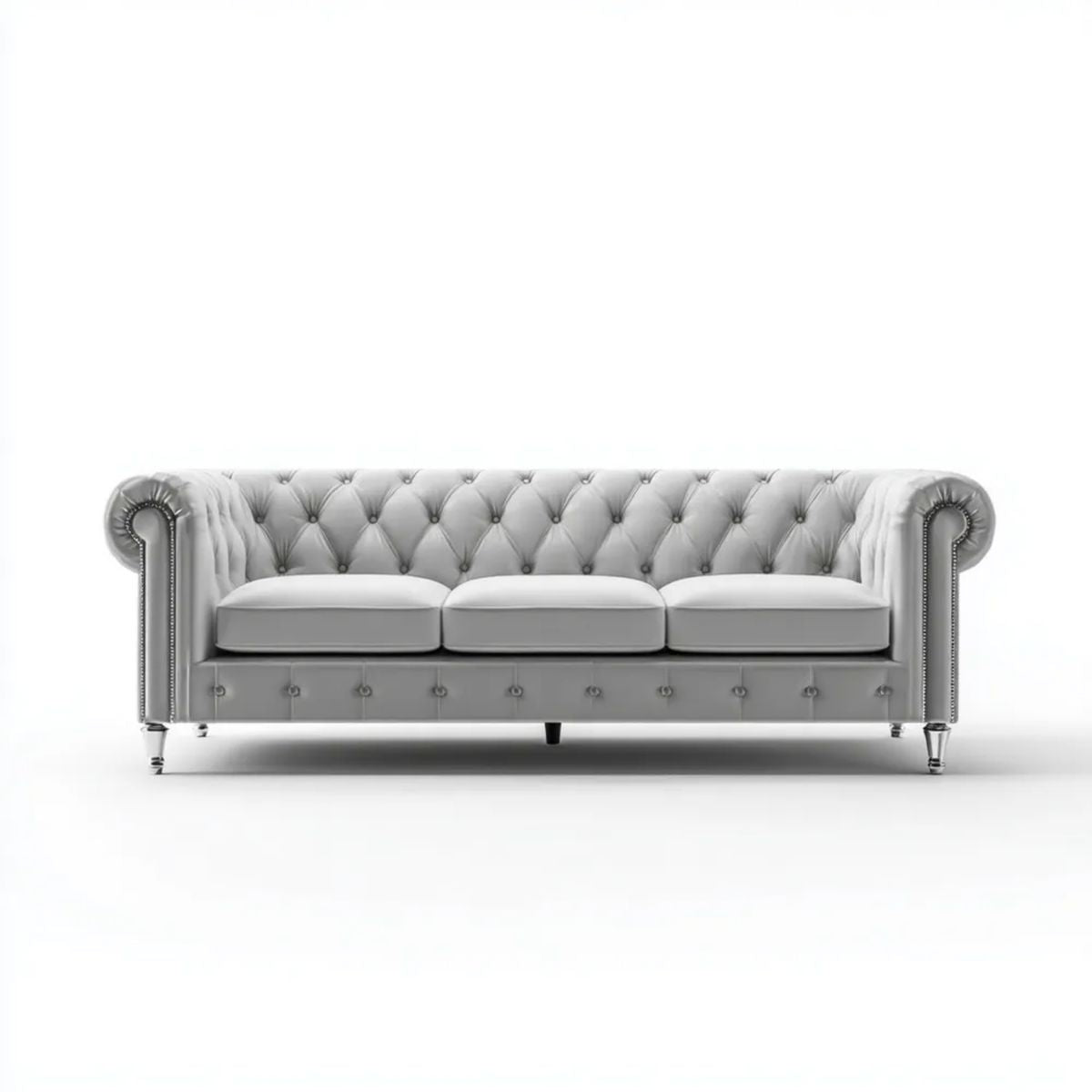 Trzyosobowa sofa Chesterfield z weluru, szara, 220 x 90 x 78 cm