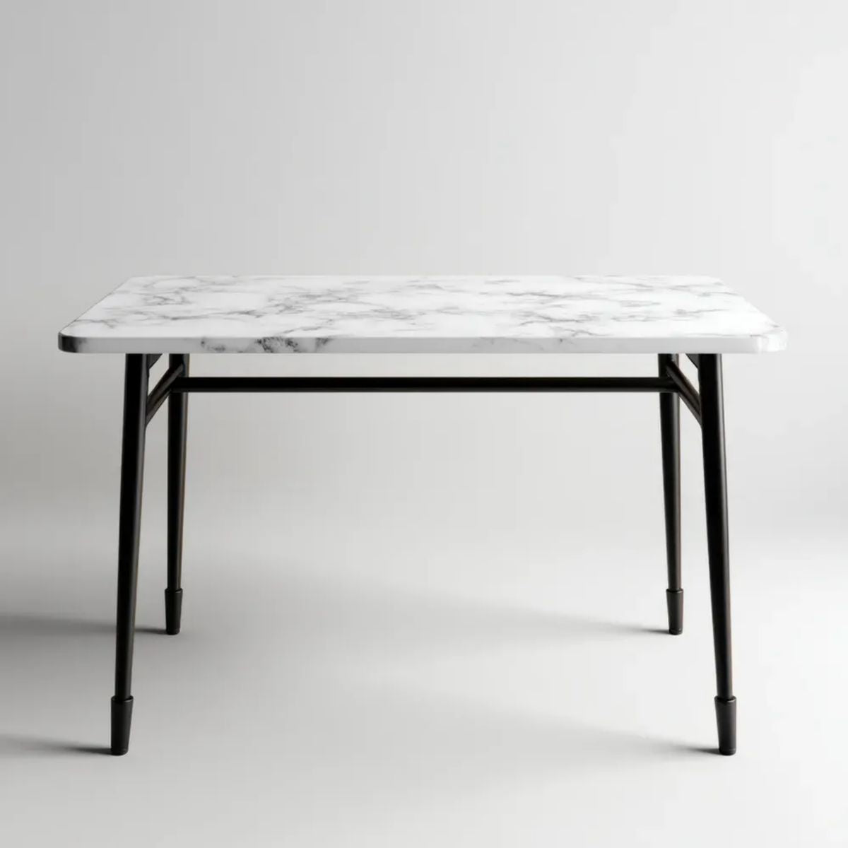 Prostokątny stół do jadalni biały z blatem MDF w dekorze marmuru i czarną stalową podstawą, 120 x 60 x 75 cm