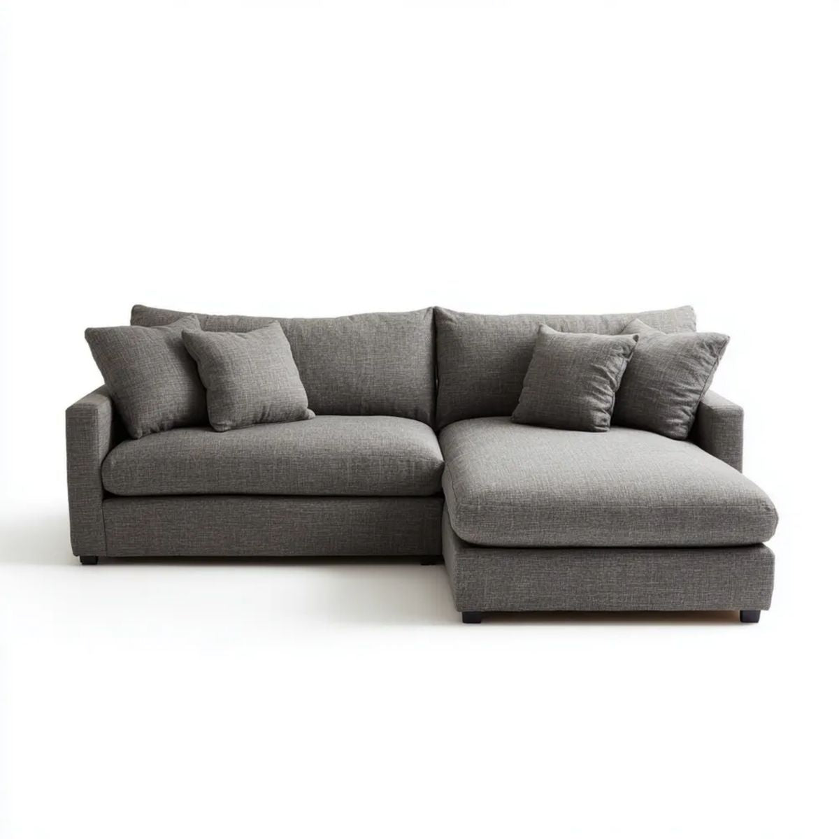 Szara sofa narożna z prawostronnym szezlongiem, tapicerka poliestrowa, 250 × 160 × 85 cm