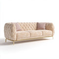 Beżowa pikowana sofa trzyosobowa z tapicerką poliestrową i metalową podstawą, 230 × 95 × 78 cm